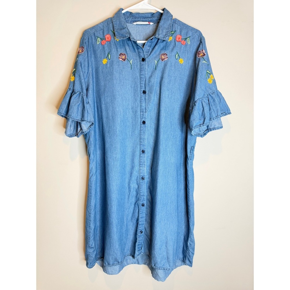 Given Kale Embroidered Floral Chambray Floral Shirt Dress‎ Button Front Boho - Picture 2 of 8